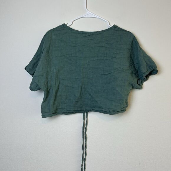 Meo Meli Linen Top Women’s M/L Green Short Sleeve Ruched Crop Lightweight Beachy - Picture 6 of 11